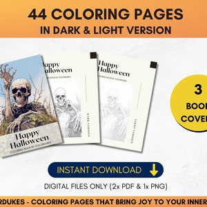 Set of 44 grayscale coloring pages for adults featuring Halloween themed images of skeletons, ghosts, zombies, witches, haunted houses, skulls, graveyards, monsters and much more
