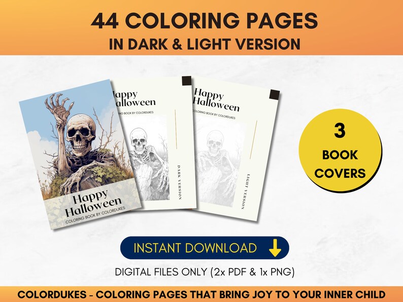 Set of 44 grayscale coloring pages for adults featuring Halloween themed images of skeletons, ghosts, zombies, witches, haunted houses, skulls, graveyards, monsters and much more