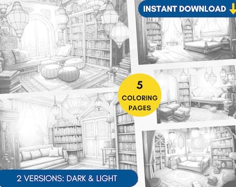 5 Coloring Pages, Arabic Reading Nook Coloring Book, Grayscale Coloring Book for Adults, Coloring Page Pigment, Library Coloring Printable