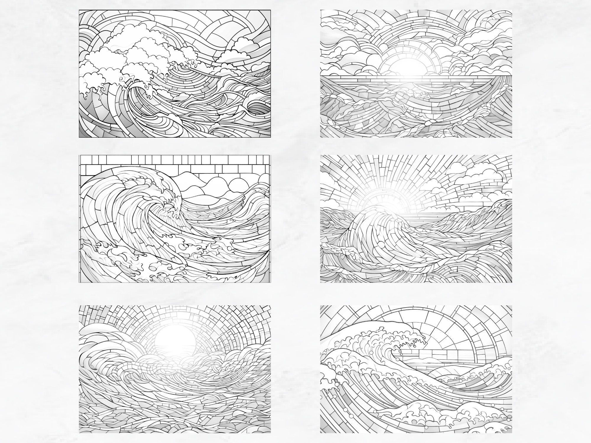 26 Stained Glass Coloring Pages Mosaic Sea Waves Grayscale Adult