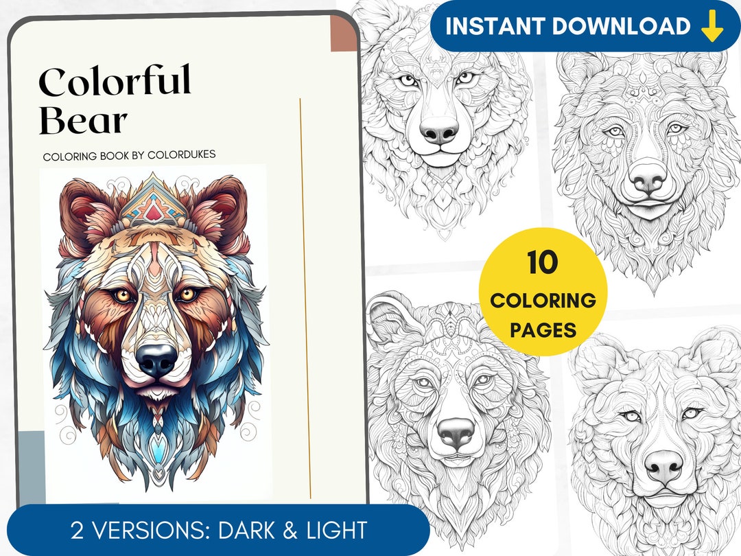 10 Coloring Pages Bear Coloring Book for Adults, Bear Mandala Coloring ...