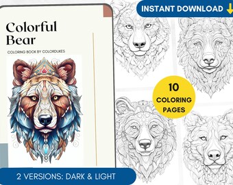 May include: A colouring book featuring 10 pages of intricate bear illustrations. The cover shows a colourful bear with detailed patterns and a crown. The book includes two versions of each design: dark and light.