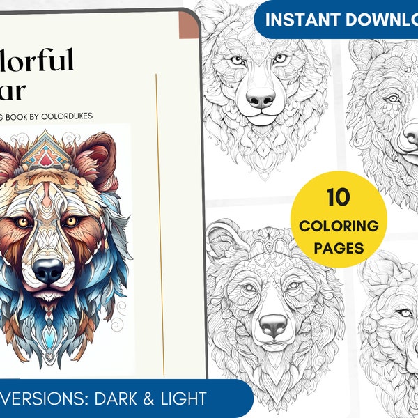 10 Coloring Pages Bear Coloring Book for Adults, Bear Mandala Coloring Pages, Wild Animal Coloring, Digital Coloring PDF Printable