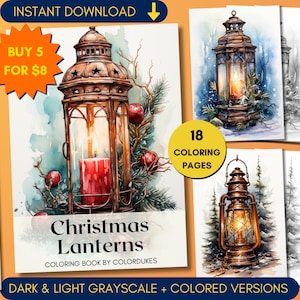 Christmas Lanterns Coloring Pages, Gas Lamp Grayscale Coloring Book for Adults, Winter Coloring Sheets, Digital Download