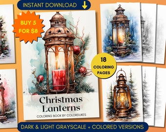 Christmas Lanterns Coloring Pages, Gas Lamp Grayscale Coloring Book for Adults, Winter Coloring Sheets, Digital Download