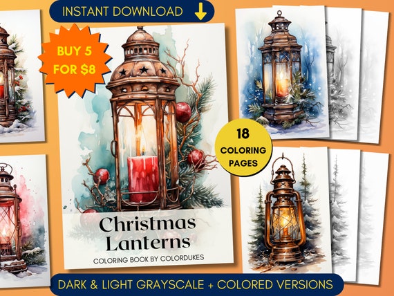 Christmas Lanterns Coloring Pages, Gas Lamp Grayscale Coloring Book for Adults, Winter Coloring Sheets, Digital Download