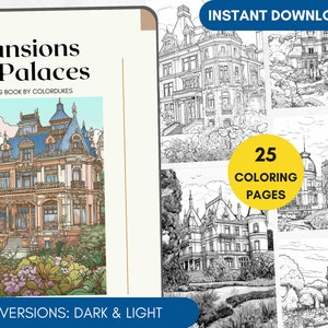 25 Coloring Pages, Mansions and Palaces, Grayscale Adult Coloring Book, Architecture Coloring Page, Fairytales Chateaux Coloring Book