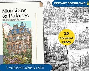 May include: A coloring book featuring 25 detailed illustrations of mansions and palaces. The cover shows a colorful illustration of a grand mansion with intricate details. The book includes two versions of each illustration: a dark version and a light version. The title of the book is "Mansions & Palaces" and the subtitle is "Coloring Book by Colordukes".