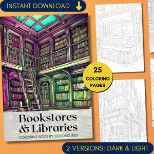 25 Bookstore Coloring Pages Library Grayscale Adult Coloring Book, Gift for Book Lovers, Relaxing Coloring Sheets, Bookish Coloring Digital