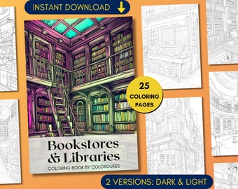 25 Bookstore Coloring Pages Library Grayscale Adult Coloring Book, Gift for Book Lovers, Relaxing Coloring Sheets, Bookish Coloring Digital