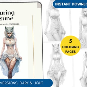 5 Kitsune Coloring Pages Fox Woman Coloring for Adults Grayscale Japan Fox Demon Coloring Sheets, Printable Yokai Coloring PDF