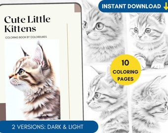 10 Coloring Pages Cute Kittens Coloring Book for Adults, PDF Digital Coloring Page, Animals Coloring, Lovely Cat Coloring