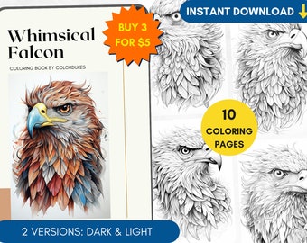 10 Coloring Pages Falcon Coloring Book for Adults, Whimsical Eagle Coloring Pages, Wild Animal Coloring, Digital Coloring PDF Printable