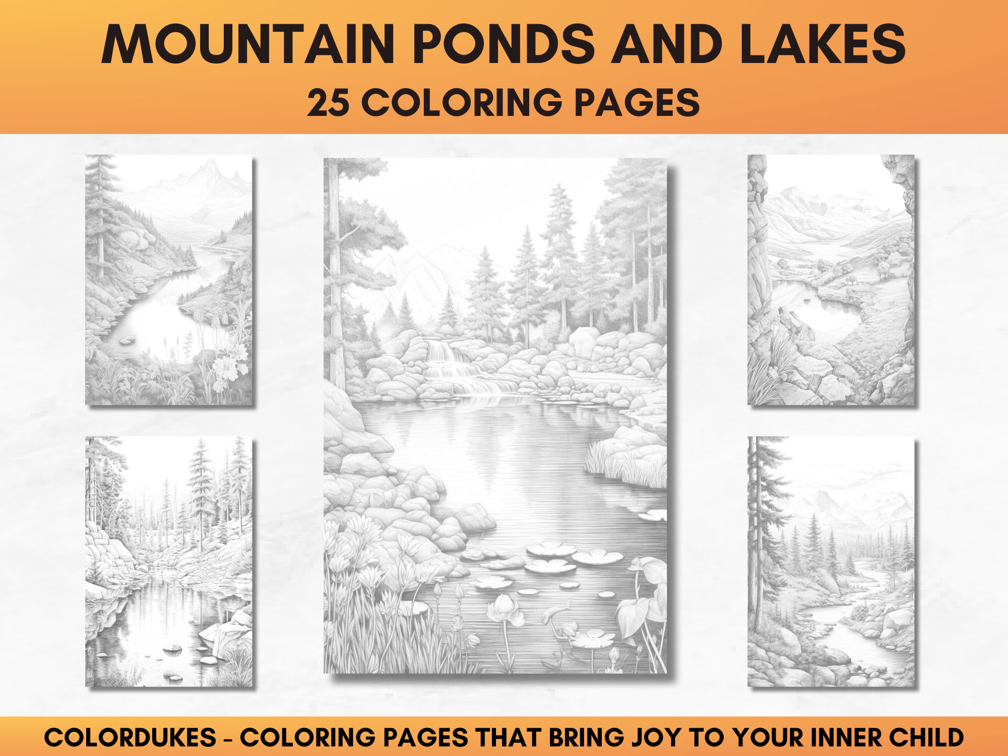 25 Coloring Pages, Mountain Lakes Grayscale Adult Coloring Book ...