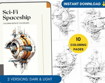 May include: A coloring book featuring 10 pages of detailed line drawings of futuristic spaceships. The cover shows a colorful spaceship with a round body and multiple appendages. The title of the book is "Sci-Fi Spaceship Coloring Book by ColorDukes".