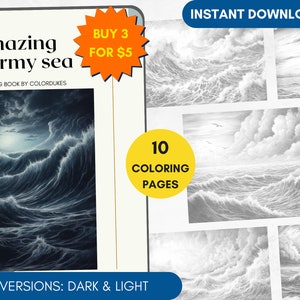 10 Coloring Pages, Storm at Sea Grayscale Adult Coloring Book Ocean Advanced Coloring, Seaside Coloring Pages for Pigment, Printable PDF