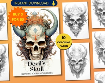 10 Devil's Skull Coloring Pages for Adults, Halloween Coloring Book in Grayscale, Scarry Coloring Sheets, Printable PDF