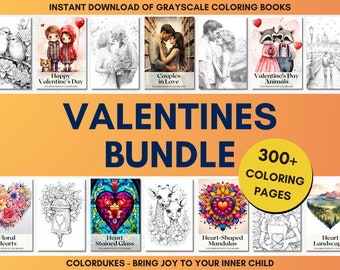 Kleurplaten Valentijnsdag in grijstinten, Love Coloring-bundel, kleurplaten voor volwassenen, digitale afdrukbare pdf