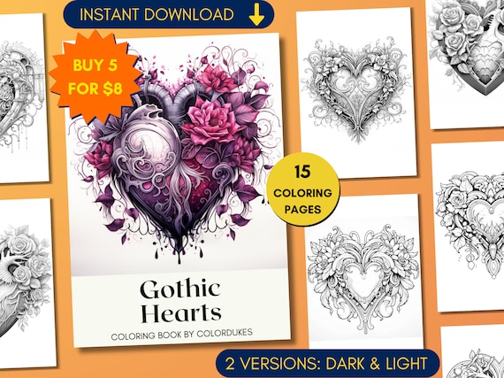 Gothic Hearts Coloring Pages, Valentines Day Adult Coloring Book, Love Coloring Sheets, Digital Printable PDF