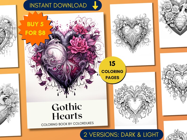 Set of 15 coloring pages for adults featuring pictures of gothic hearts