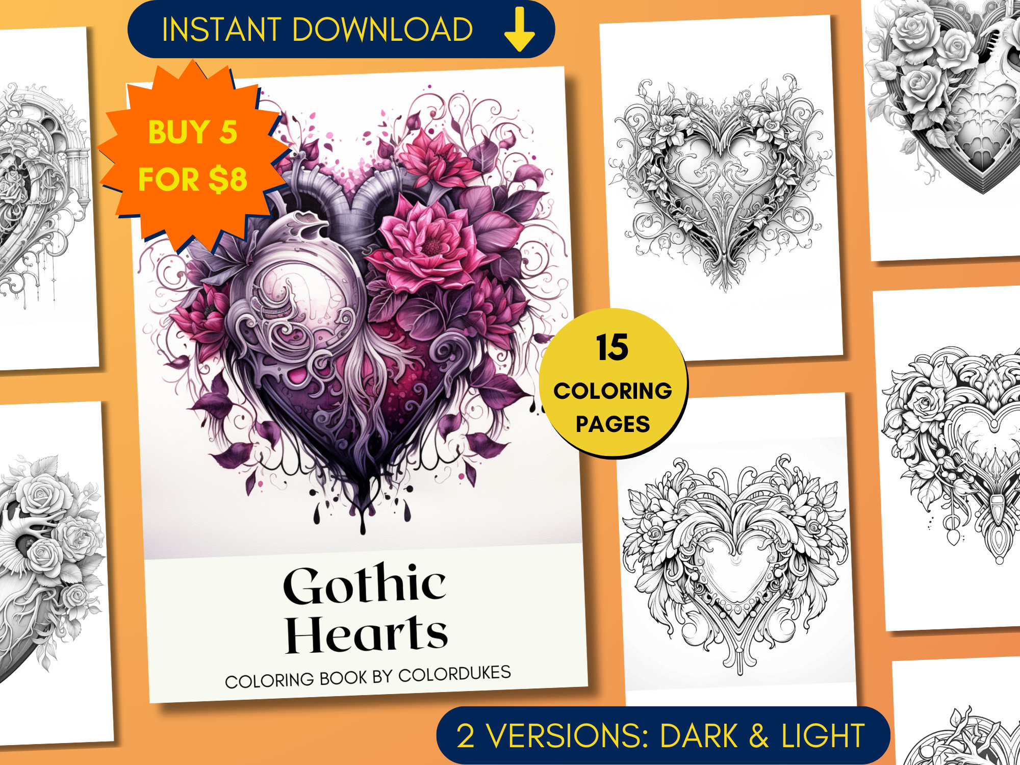 Gothic Hearts Coloring Pages, Valentines Day Adult Coloring Book, Love ...