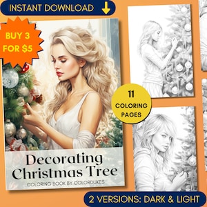 Kerst kleurplaten voor volwassenen, meisjes versieren kerstboom grijswaarden kleurboek, digitale kleurplaten, PDF