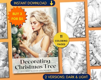 Christmas Coloring Pages for Adults, Girls Decorating Christmas Tree Grayscale Coloring Book, Digital Coloring Sheets, PDF