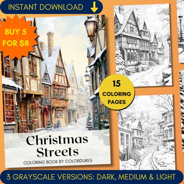 Pagine da colorare di strade di Natale in scala di grigi, libro da colorare di casa invernale per adulti, fogli da colorare di città innevata, download digitale