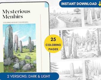25 Coloring Pages, Menhirs Grayscale Adult Coloring Book, Celtic Coloring Pages for Pigment, British Coloring Printable PDF