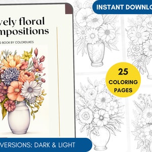 25 Coloring Pages Floral Compositions Grayscale Adult Coloring Book, Coloring Page Pigment, Watercolor Coloring Page, Digital Coloring