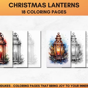 Set of 18 Christmas coloring pages showing charming lanterns in winter scenery