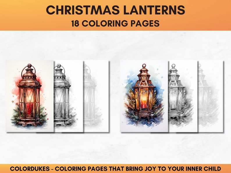 Set of 18 Christmas coloring pages showing charming lanterns in winter scenery