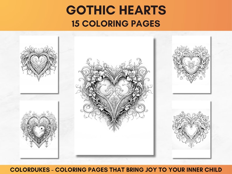 Set of 15 coloring pages for adults featuring pictures of gothic hearts