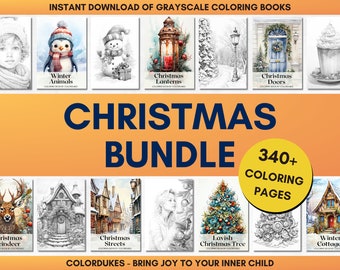 Christmas Coloring Pages in Grayscale, Winter Coloring Bundle, Adult Coloring Sheets, Digital Printable PDF