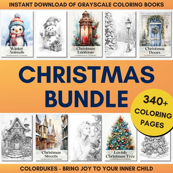 Christmas Coloring Pages in Grayscale, Winter Coloring Bundle, Adult Coloring Sheets, Digital Printable PDF