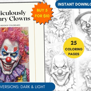 25 Coloring Pages Scary Clowns Coloring Book for Adults Grayscale Watercolor Halloween Coloring Sheets, Digital Coloring