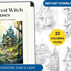 23 Coloring Pages of Witch Houses Coloring Book for Adults, Forest Cabin Coloring Sheets PDF, Magic Homes Coloring Woodland