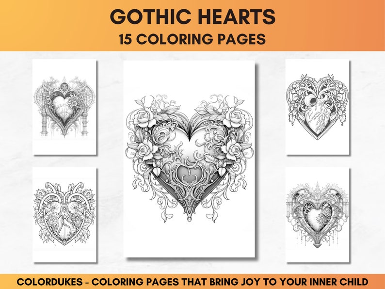 Set of 15 coloring pages for adults featuring pictures of gothic hearts