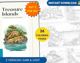 26 pagine da colorare, Isole del tesoro, Libro da colorare per adulti in scala di grigi, Pagina da colorare sulla natura, Libro da colorare con paesaggio tropicale sulla spiaggia