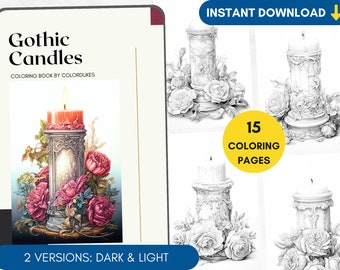 15 Gothic Candles Coloring Pages, Romantic Goth Coloring Book, Adult Coloring Page, Halloween Coloring Sheets, Printable Coloring PDF