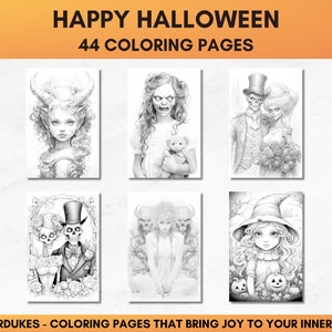 Set of 44 grayscale coloring pages for adults featuring Halloween themed images of skeletons, ghosts, zombies, witches, haunted houses, skulls, graveyards, monsters and much more