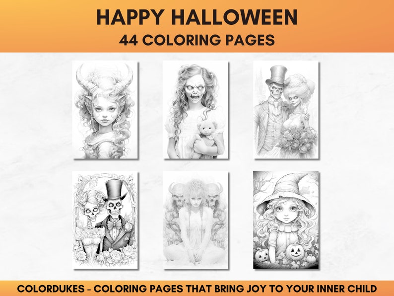 Set of 44 grayscale coloring pages for adults featuring Halloween themed images of skeletons, ghosts, zombies, witches, haunted houses, skulls, graveyards, monsters and much more