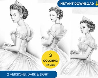 3 Coloring Pages Ball Gown Grayscale Adult Coloring Book Wedding Fashion Coloring Page, Bride Portrait Coloring Wedding, Printable PDF