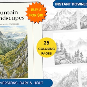 25 Coloring Pages, Mountain Landscapes Grayscale Adult Coloring Book, Scenery Coloring Pages for Pigment, PDF Coloring Sheets