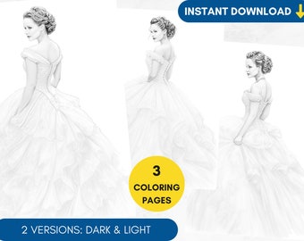3 Coloring Pages Wedding Grayscale Adult Coloring Princess Gown Coloring Page, Cindirella Portrait Coloring, Printable PDF