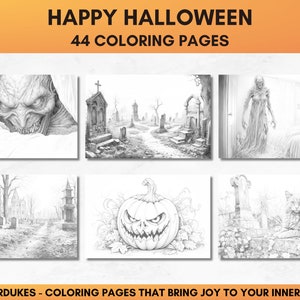 Set of 44 grayscale coloring pages for adults featuring Halloween themed images of skeletons, ghosts, zombies, witches, haunted houses, skulls, graveyards, monsters and much more