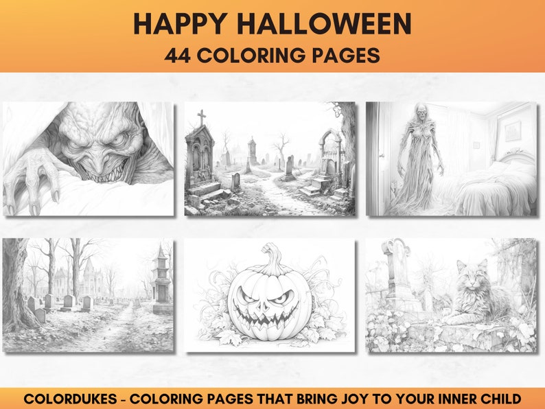 Set of 44 grayscale coloring pages for adults featuring Halloween themed images of skeletons, ghosts, zombies, witches, haunted houses, skulls, graveyards, monsters and much more