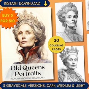Adult Coloring Pages of Old Queens, Grayscale Coloring Book, Portrait Coloring Sheets, Old Woman Coloring, PDF Printable