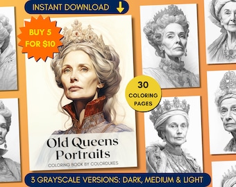 May include: A digital coloring book featuring 30 grayscale illustrations of old queens wearing crowns and elaborate clothing. The cover features a queen with a crown and a red and gold dress. The title of the book is "Old Queens Portraits" and the text "3 Grayscale Versions: Dark, Medium & Light" is at the bottom.
