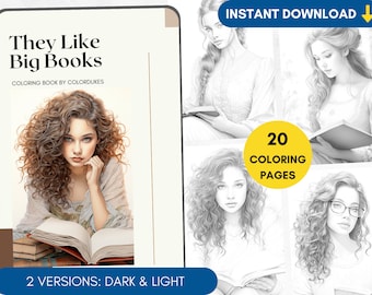20 Coloring Pages Girls with Books, Grayscale Adult Coloring Book, Bookish Coloring Page, Coloring for Book Lovers, Book Themed Coloring PDF